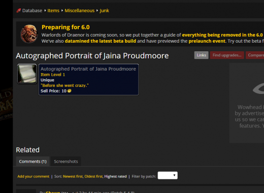 A screencap of an item on Wowhead.com, called An Autographed Portrait of Jaina Proudmoore. It has flavor text that reads, "Before she went crazy."