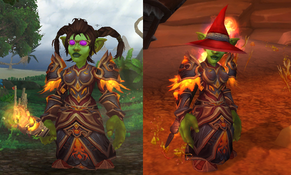 Two goblin mage pictures: one of Cider posing with stylish pink goggles, on the right Cider posing saucily with a red witch's hat on.