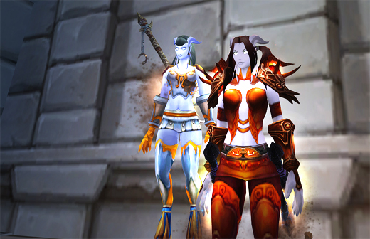 Draenei women in sassy plate and mail transmog outfits.