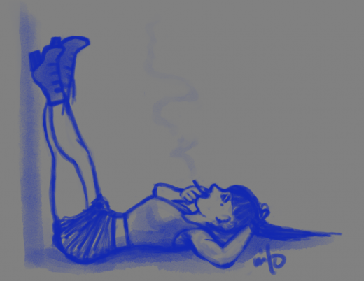 A girl leans her legs up against a wall and smokes.