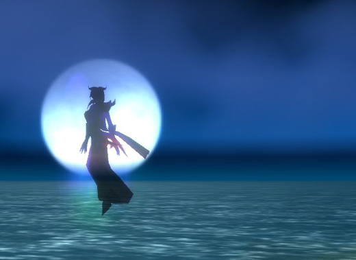 A draenei shadow priest floats in front of the moon.