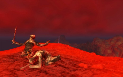 A bleak, red landscape in Blasted Lands with weeping burnt people.