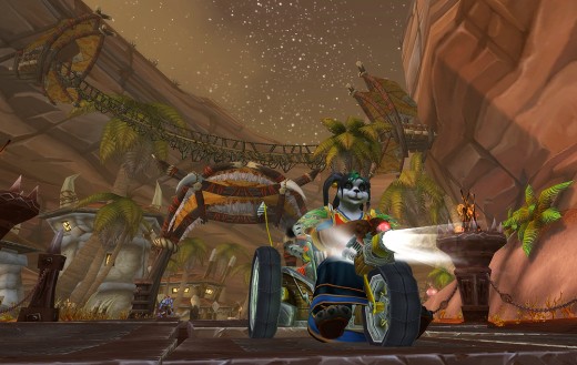 Leichi drives through Orgrimmar on her goblin trike.