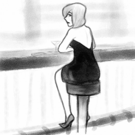 A sketch of a woman sitting alone at a bar.
